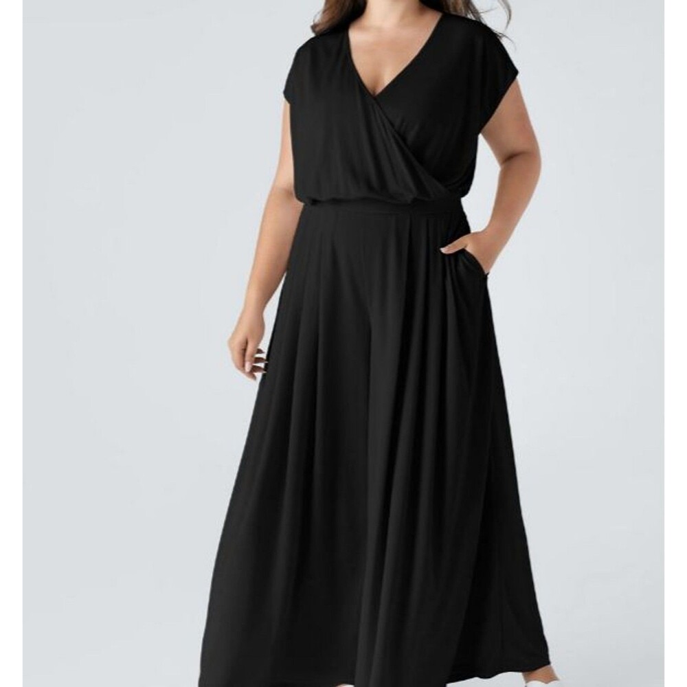 Halara Black V Neck Textured Blouson Wide Leg Flowy Jumpsuit Plus Size 1X